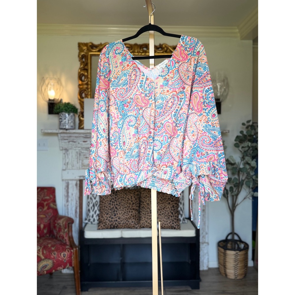 Umgee USA Paisley V-Neck Blouse Multicolor Smocked Waist Tie Sleeve Top 1XL